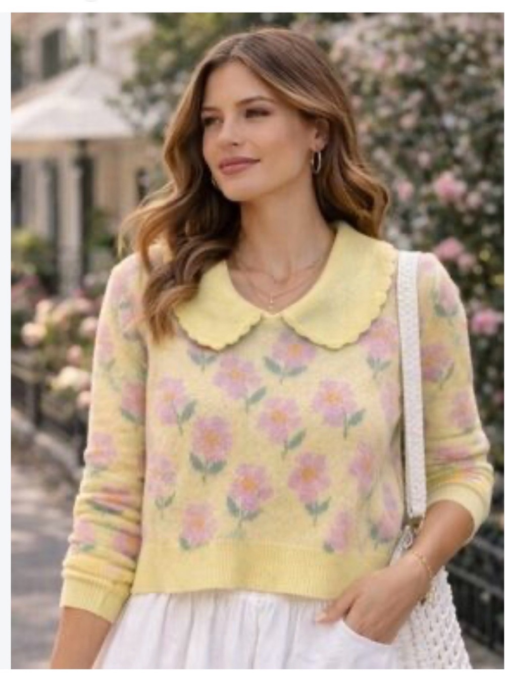 Zara Pastel Yellow Floral Crewneck Sweater with Peter Pan Collar